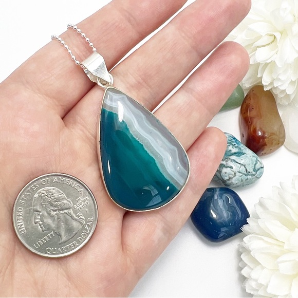 Teal Lace Onyx Gemstone Pendant Necklace Sterling Silver 925 Pear Cut New - Picture 4 of 10